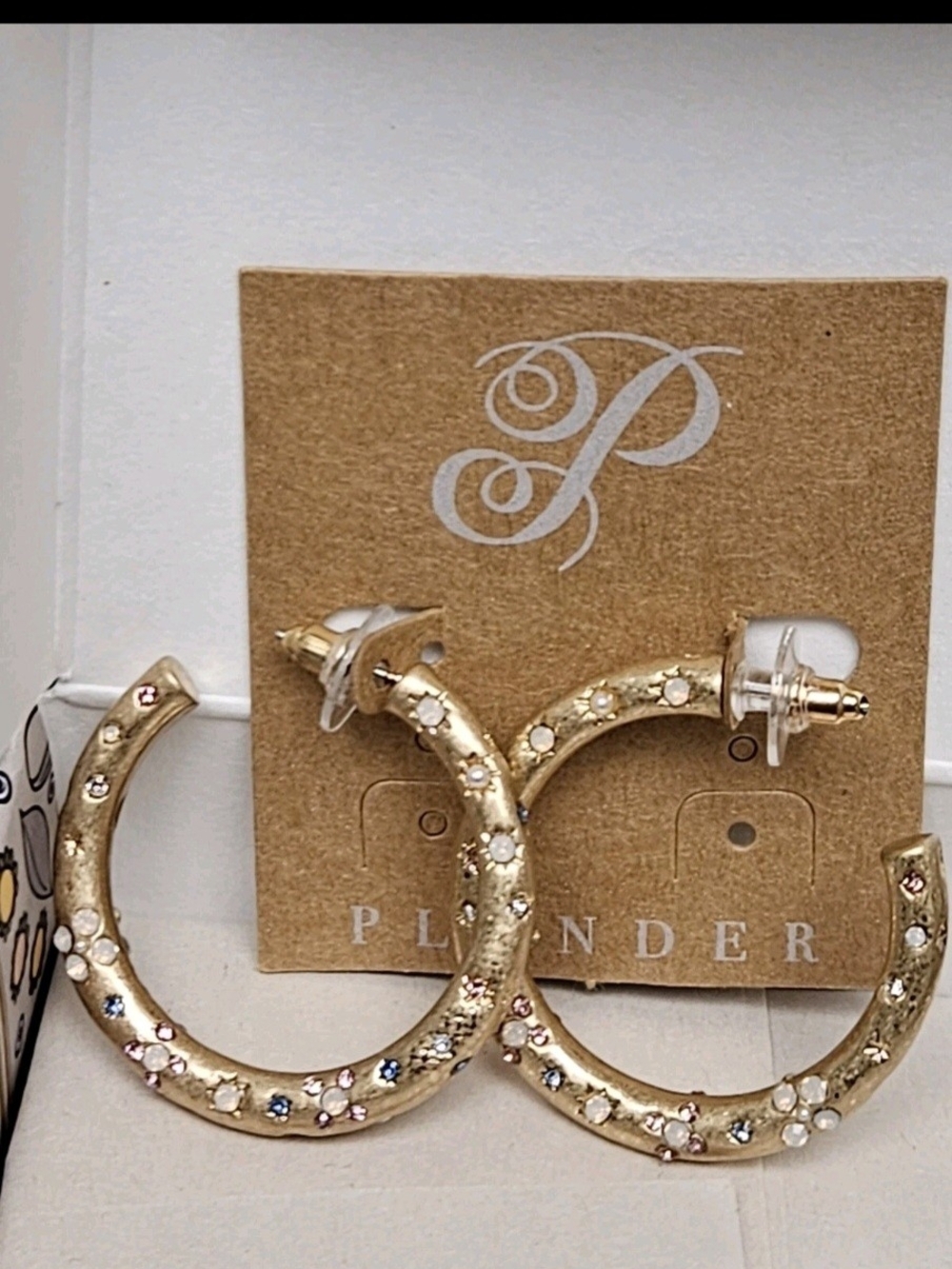 Plunder Gold Hoop Earrings with Multicolored Crystal Accents New With Box